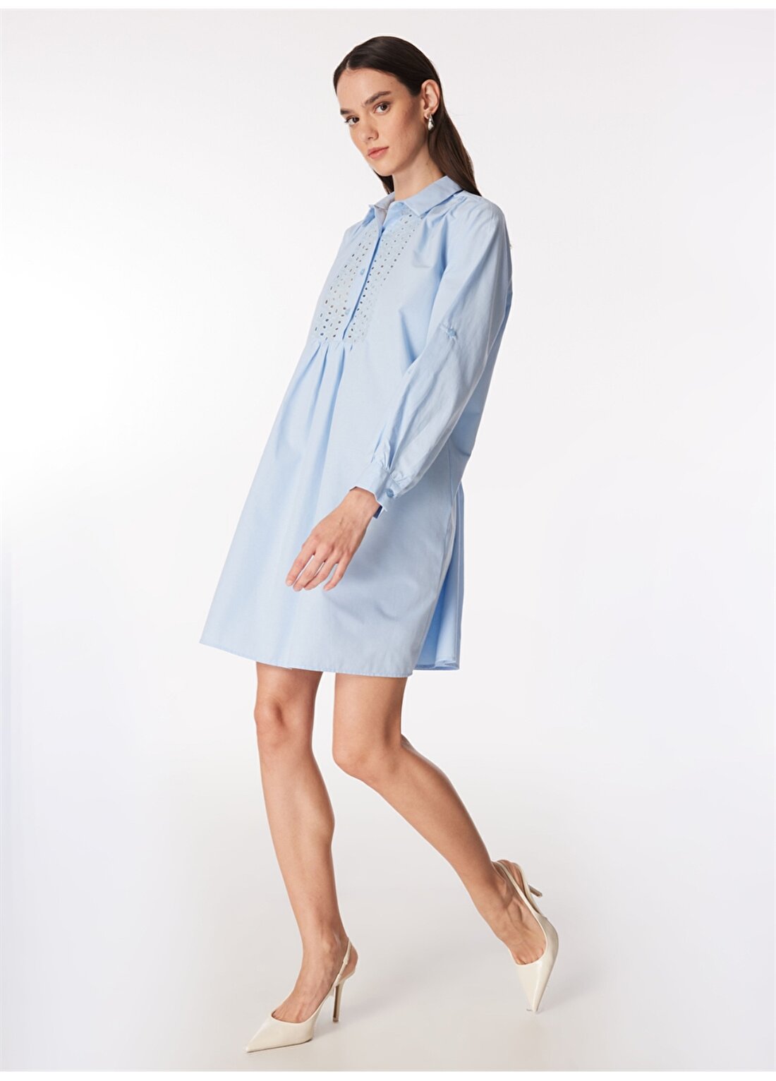 Fabrika Gömlek Yaka Düz Mavi Mini Kadın Elbise F4SL-ELB0816