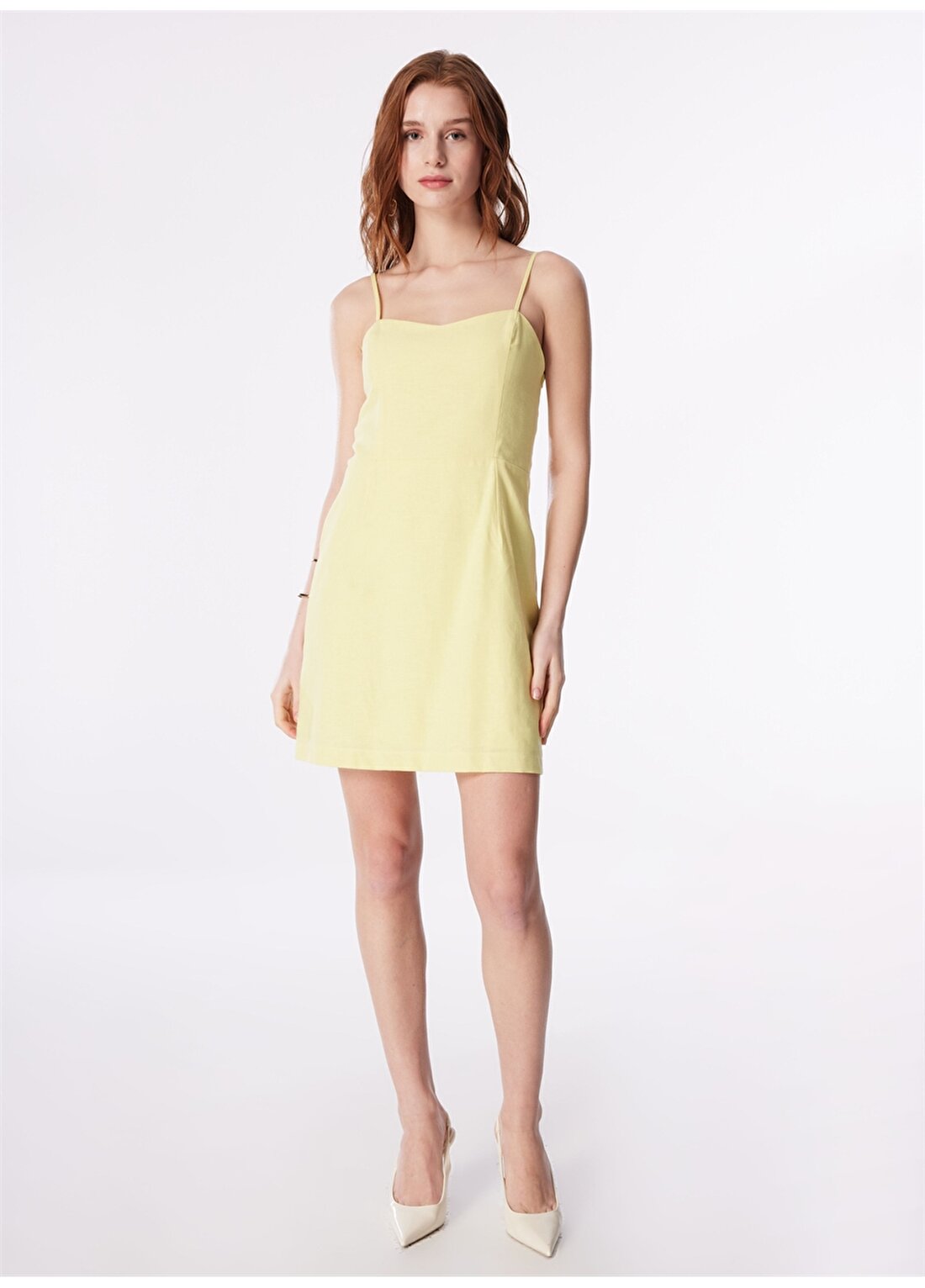 Fabrika Sarı Kadın Kalp Yaka Mini Basic Keten Elbise F4SL-ELB0842