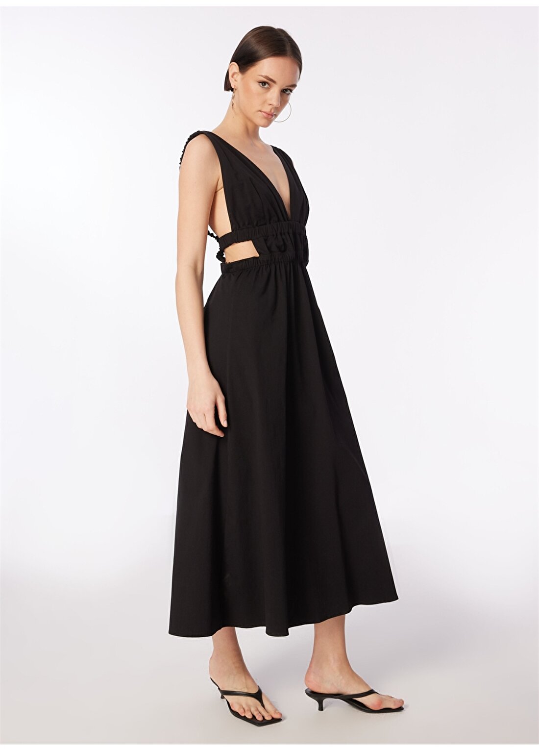 Fabrika Siyah Kadın V Yaka A-Form Fit Elbise F4SL-ELB0692