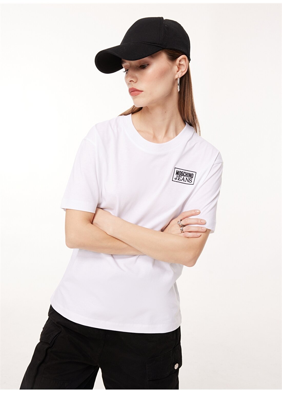 Moschino Jeans Bisiklet Yaka Düz Beyaz Kadın T-Shirt A0709