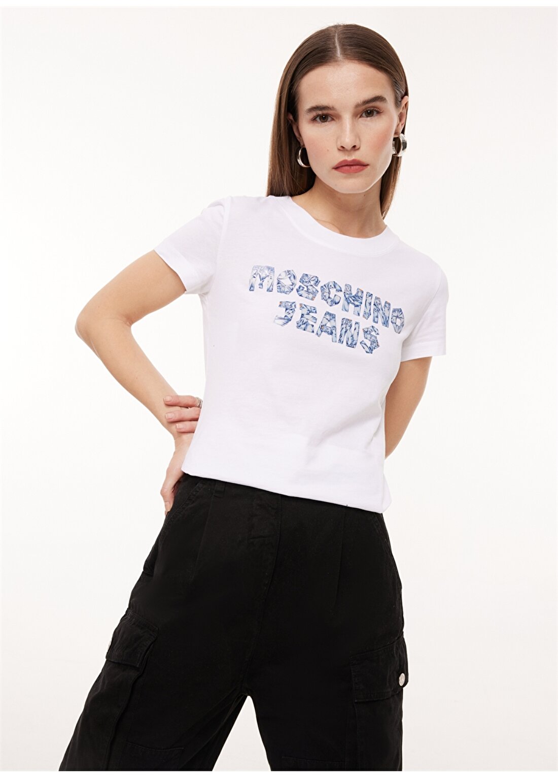 Moschino Jeans Bisiklet Yaka Baskılı Beyaz Kadın T-Shirt A0701