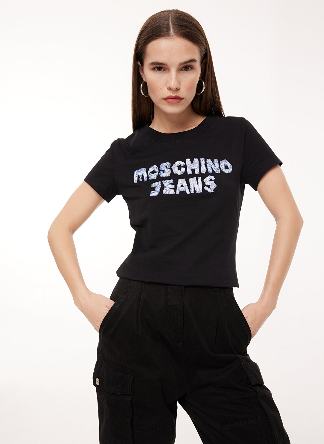 Moschino Jeans Bisiklet Yaka Baskılı Siyah Kadın T-Shirt A0701