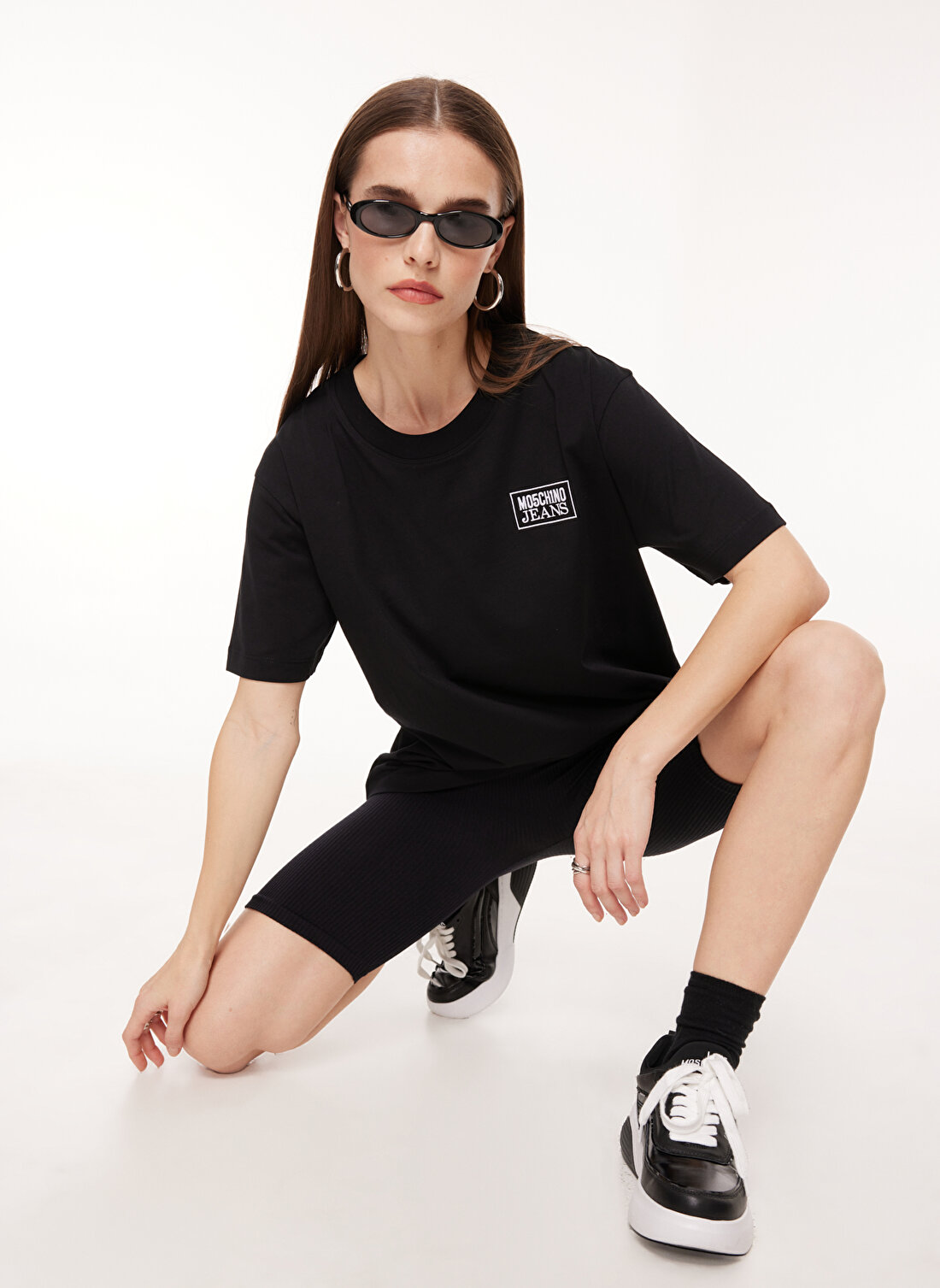 Moschino Jeans Bisiklet Yaka Düz Siyah Kadın T-Shirt A0709