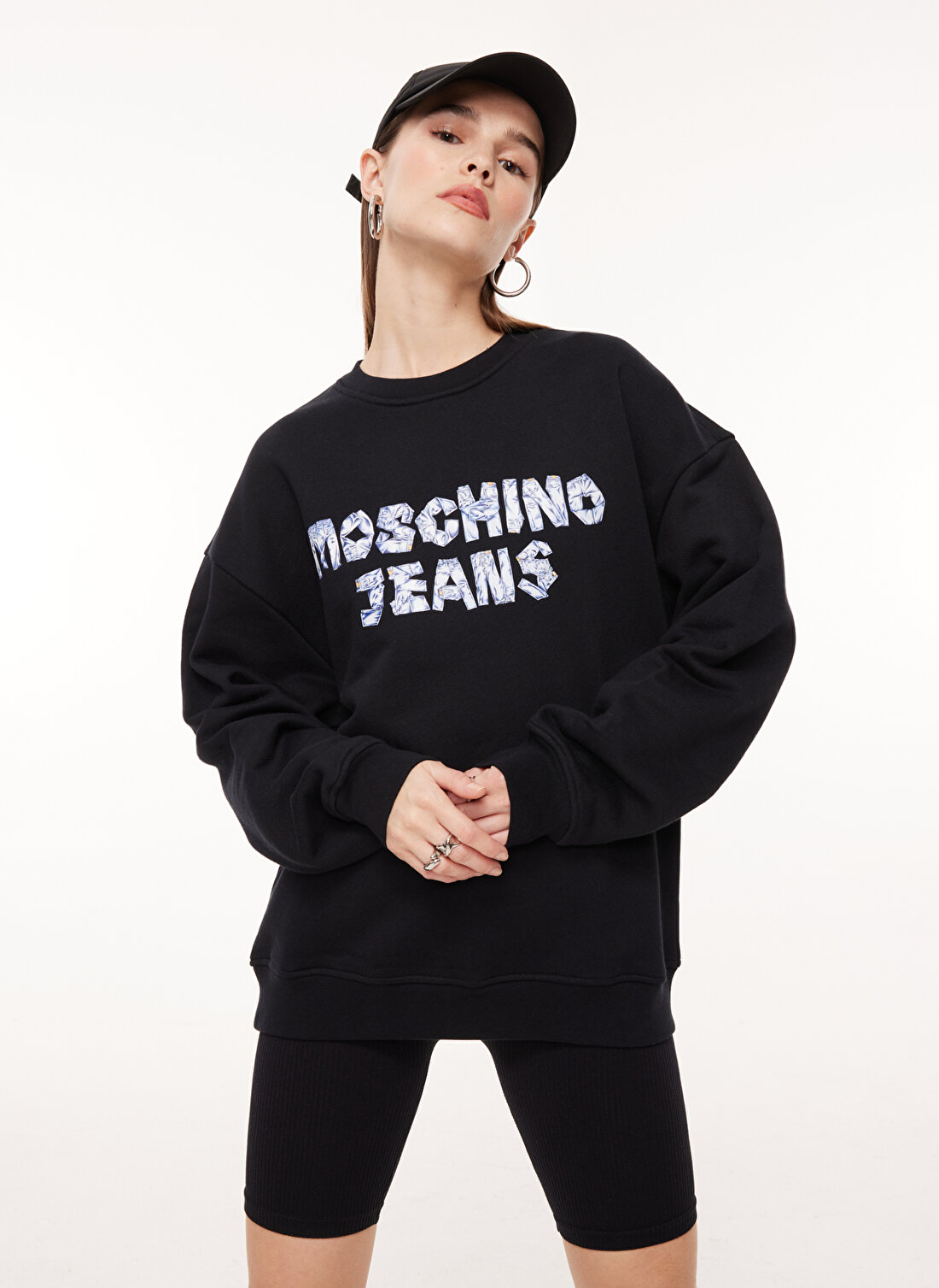 Moschino Jeans Bisiklet Yaka Baskılı Siyah Kadın Sweatshırt A1703