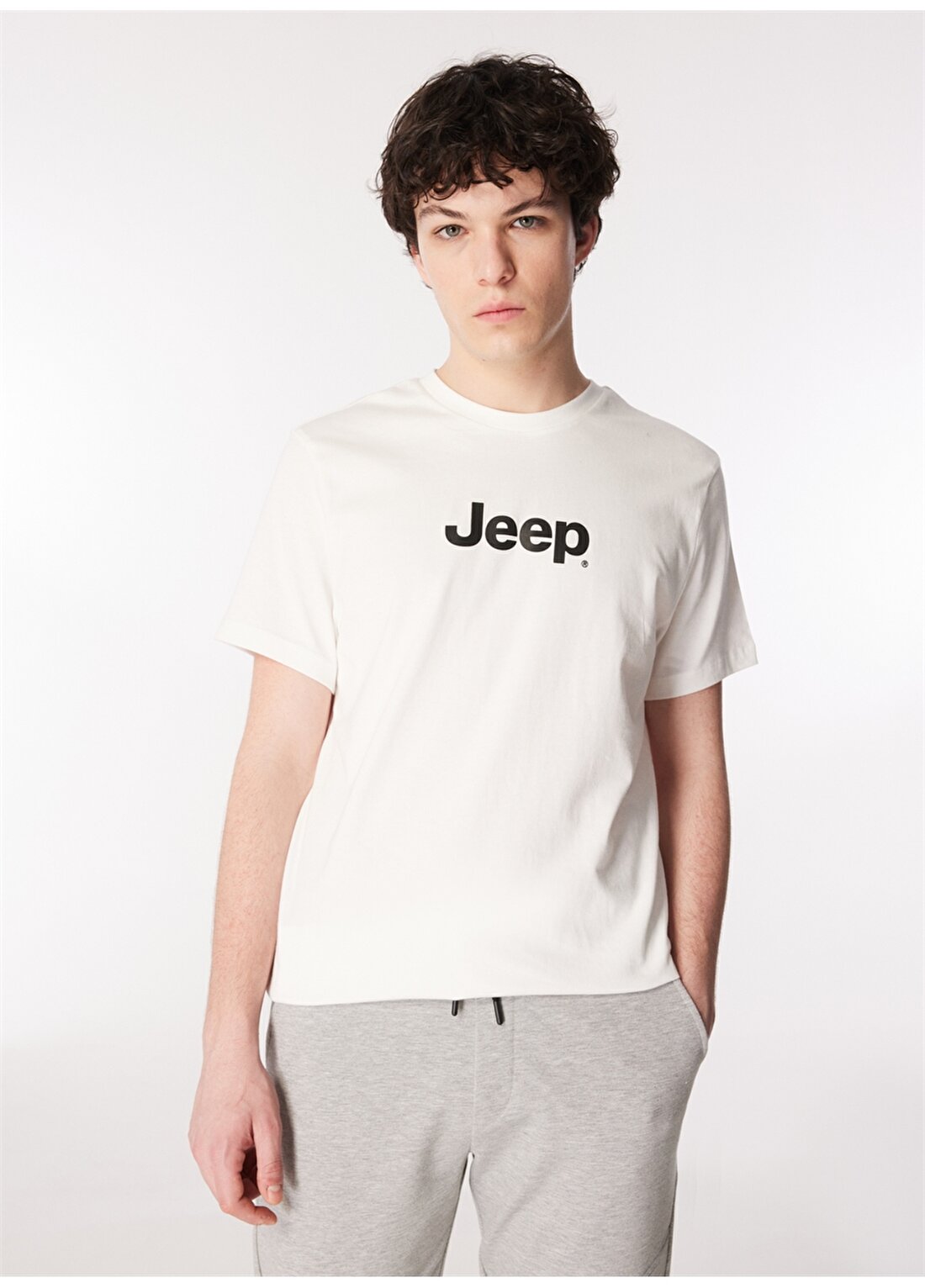 Jeep Kırık Beyaz Erkek Bisiklet Yaka Baskılı T-Shirt J4SM-TST7246