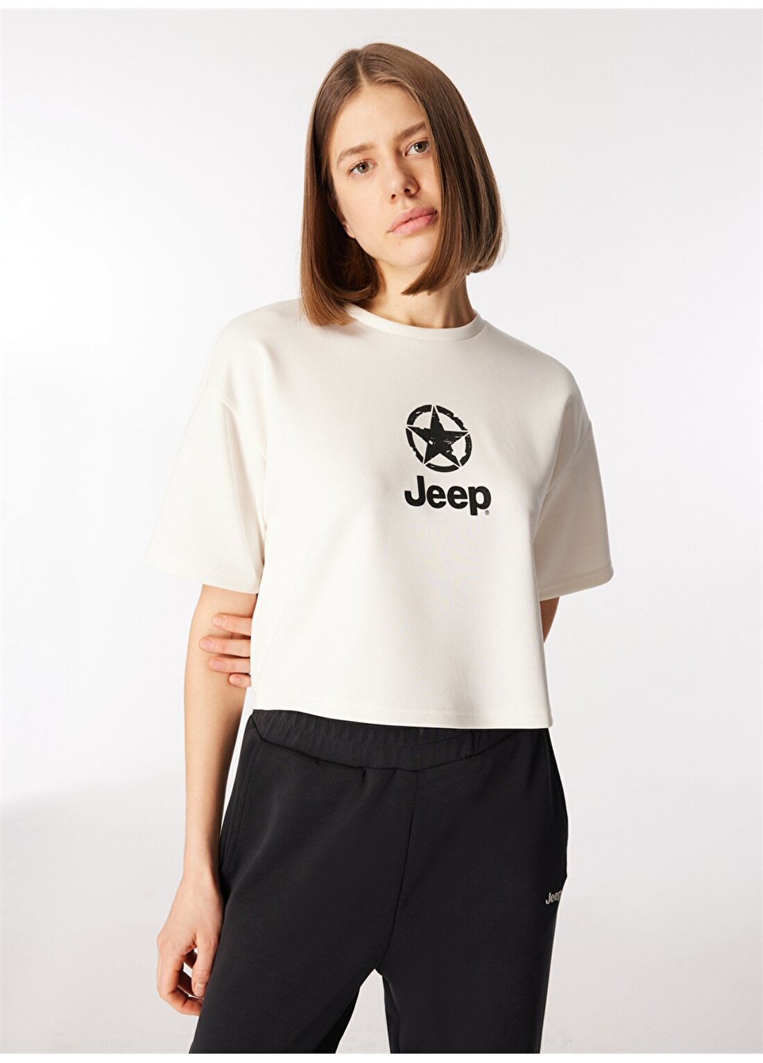 Jeep Bisiklet Yaka Baskılı Kırık Beyaz Kadın T-Shirt J4SL-TST7027