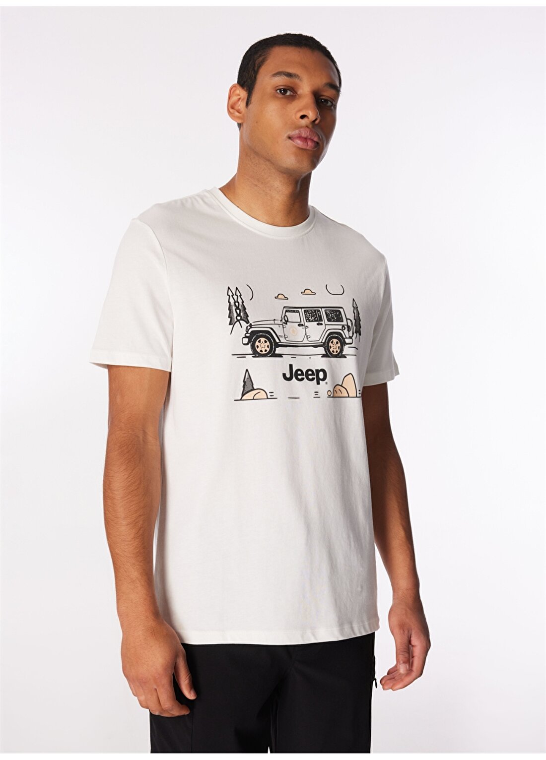 Jeep Kırık Beyaz Erkek Bisiklet Yaka Relaxed Baskılı T-Shirt J4SM-TST7237