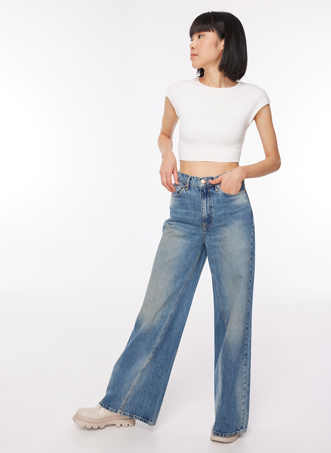 Denim Trip DT10441 AIDAN Super Wide Leg Fit No Mavi Kadın Normal Bel Standart Desenli Denim Pantolon