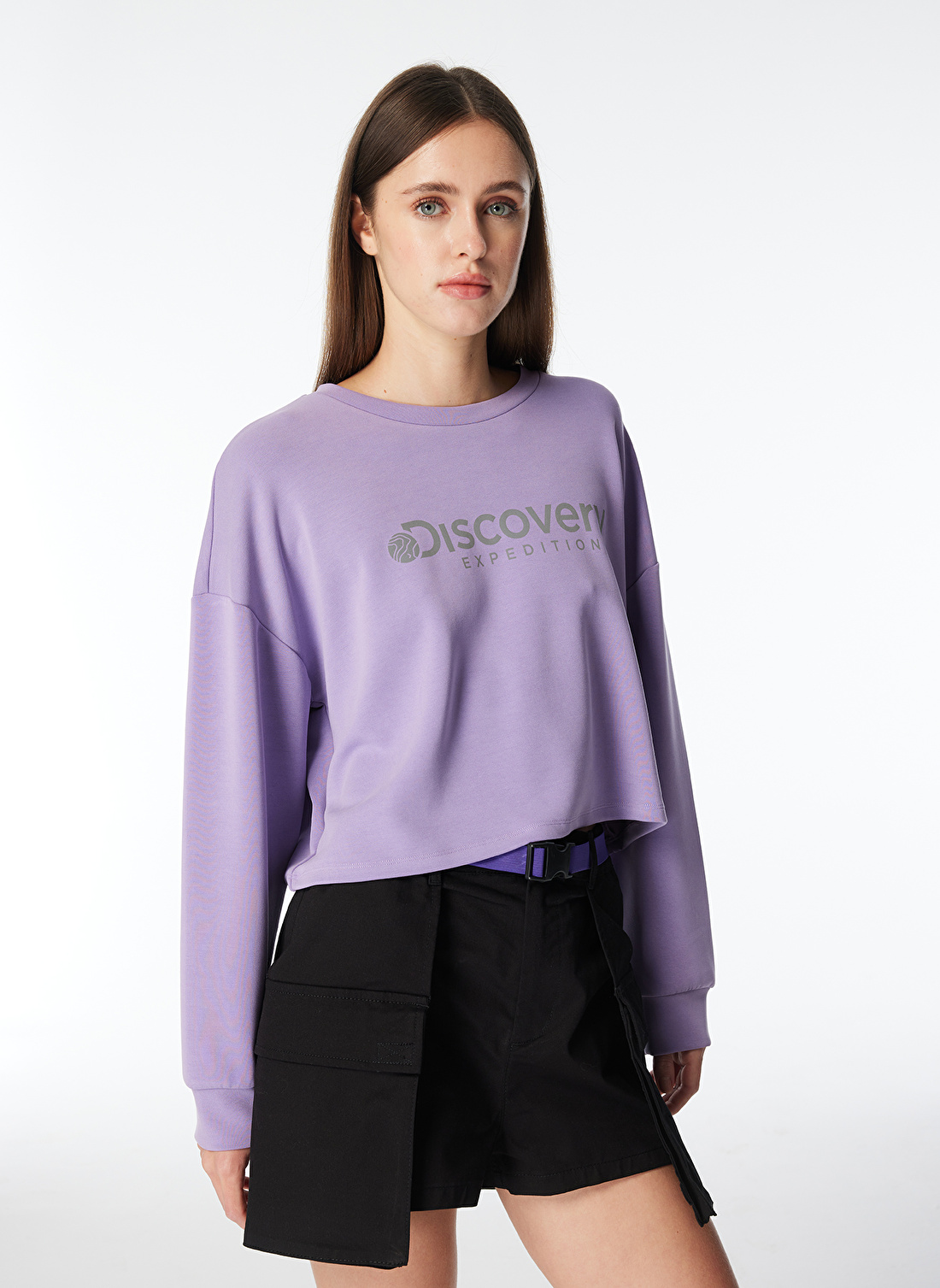 Discovery Expedition Lila Kadın Bisiklet Yaka Oversize Baskılı Sweatshirt D4SL-SWT3030 