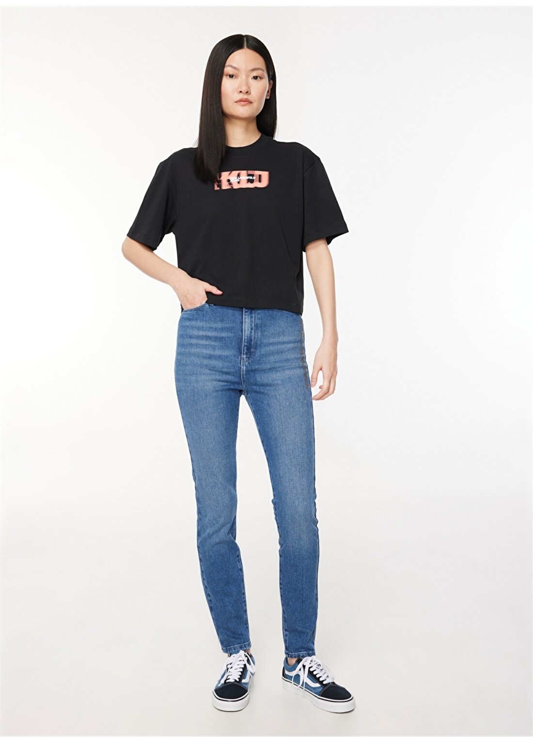 Karl Lagerfeld Jeans Bisiklet Yaka Baskılı Siyah Kadın T-Shirt 236J1702