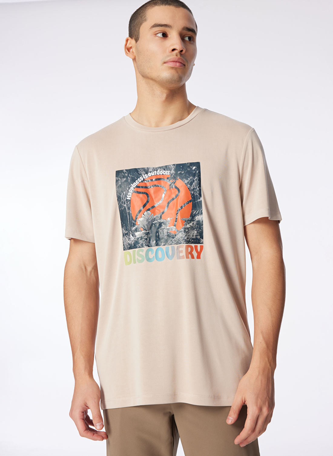 Discovery Expedition Bej Erkek Bisiklet Yaka Relaxed Baskılı T-Shirt D4SM-TST3280 