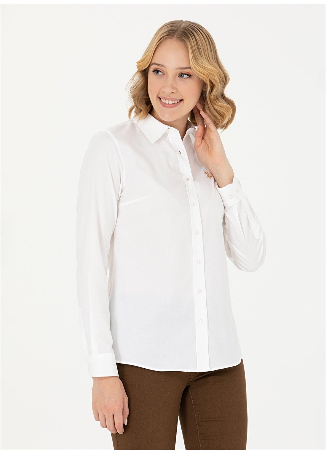 U.S. Polo Assn. Slim Fit Gömlek Yaka Düz Beyaz Kadın Gömlek CRISTA023K