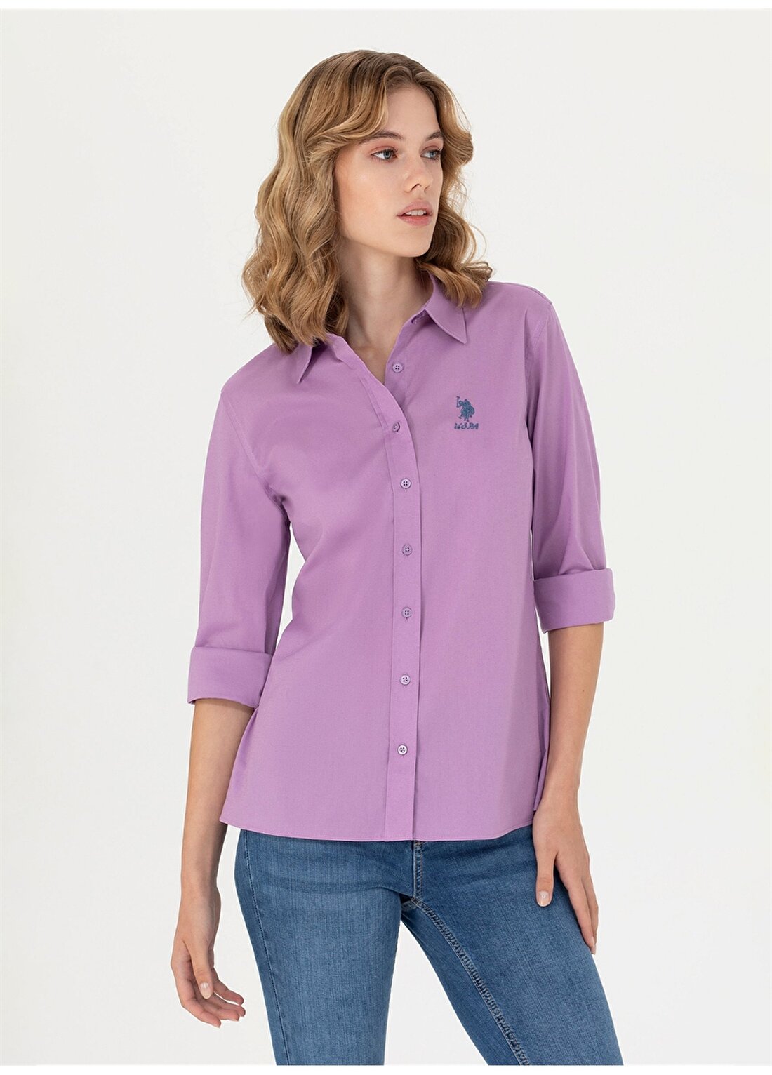 U.S. Polo Assn. Slim Fit Gömlek Yaka Düz Pembe Kadın Gömlek SALY023K