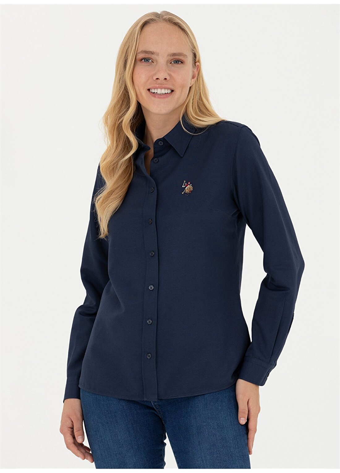 U.S. Polo Assn. Slim Fit Gömlek Yaka Düz Lacivert Kadın Gömlek WOXCOLOR023K