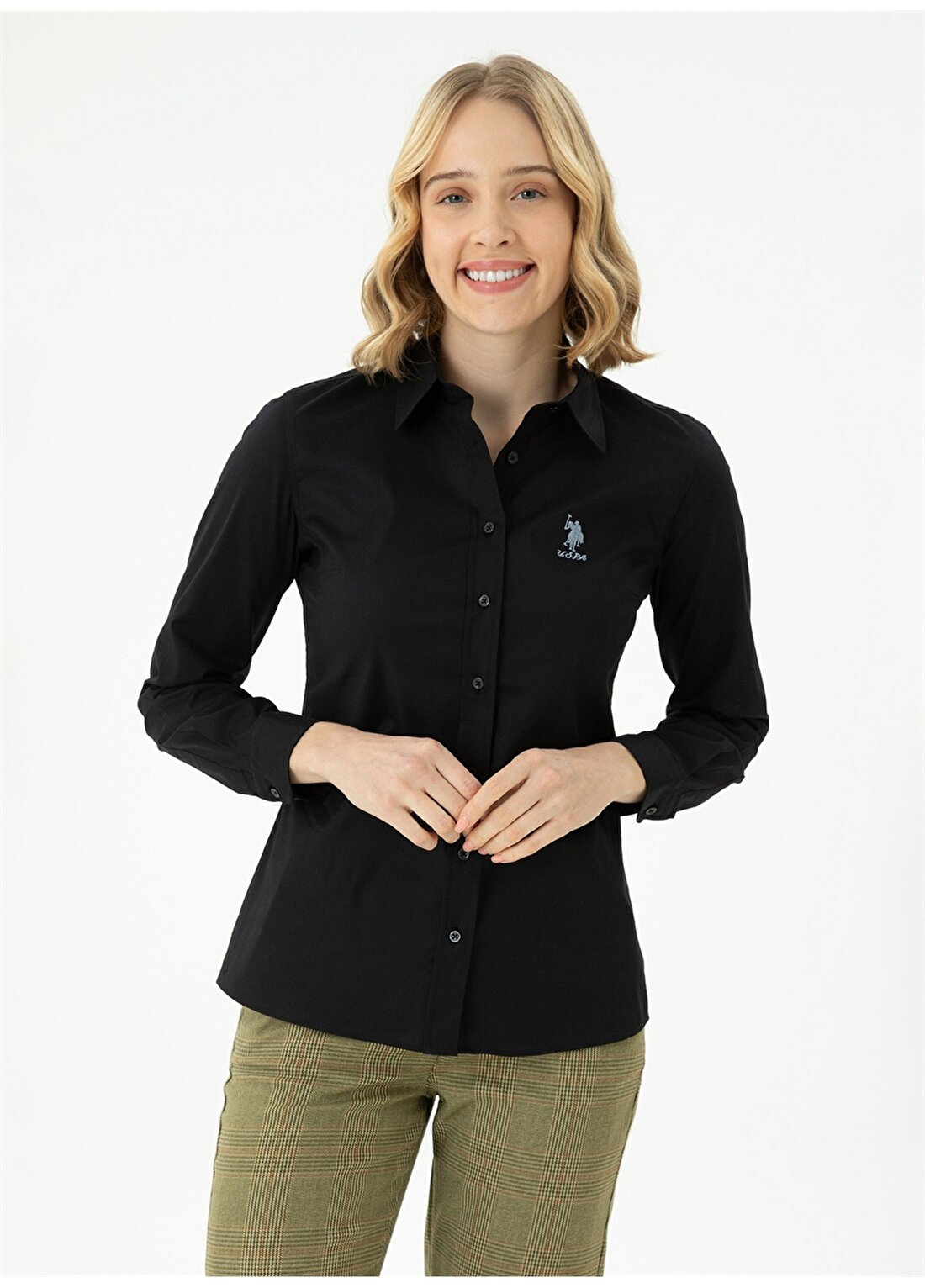 U.S. Polo Assn. Slim Fit Gömlek Yaka Düz Siyah Kadın Gömlek SALY023K