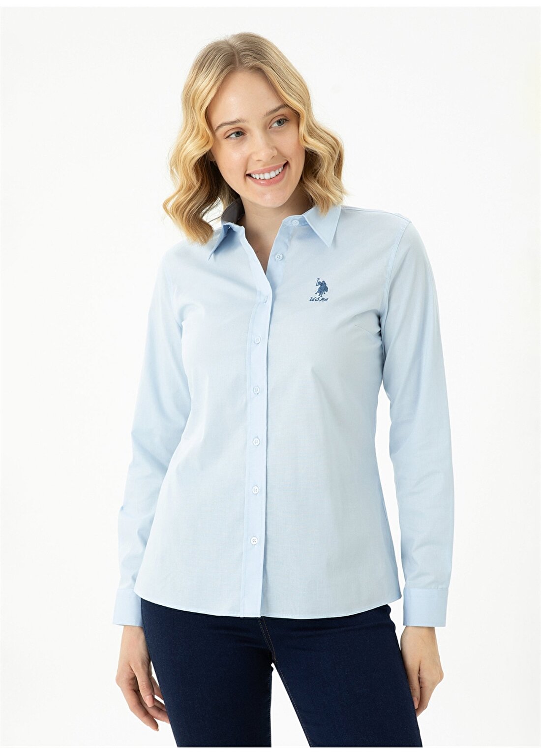 U.S. Polo Assn. Slim Fit Gömlek Yaka Düz İndigo Kadın Gömlek SALY023K