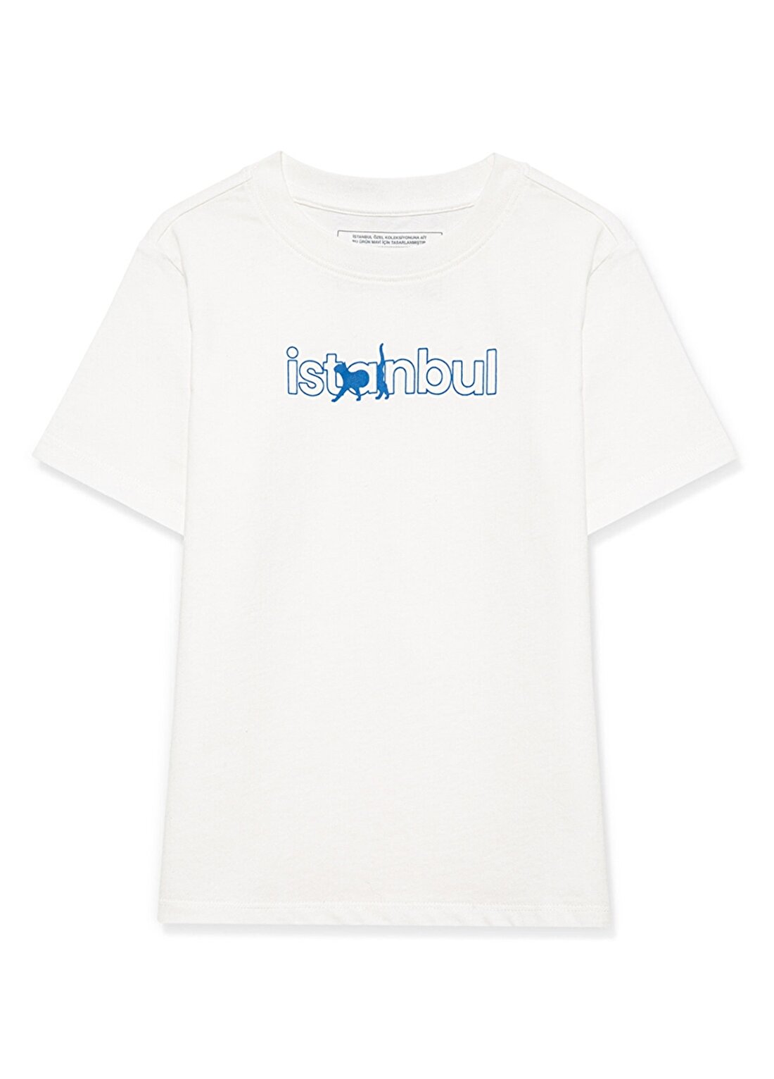 Mavi Baskılı Ekru Kız Çocuk T-Shirt İSTANBUL KEDİ BASKILI TİŞÖRT Off Wh
