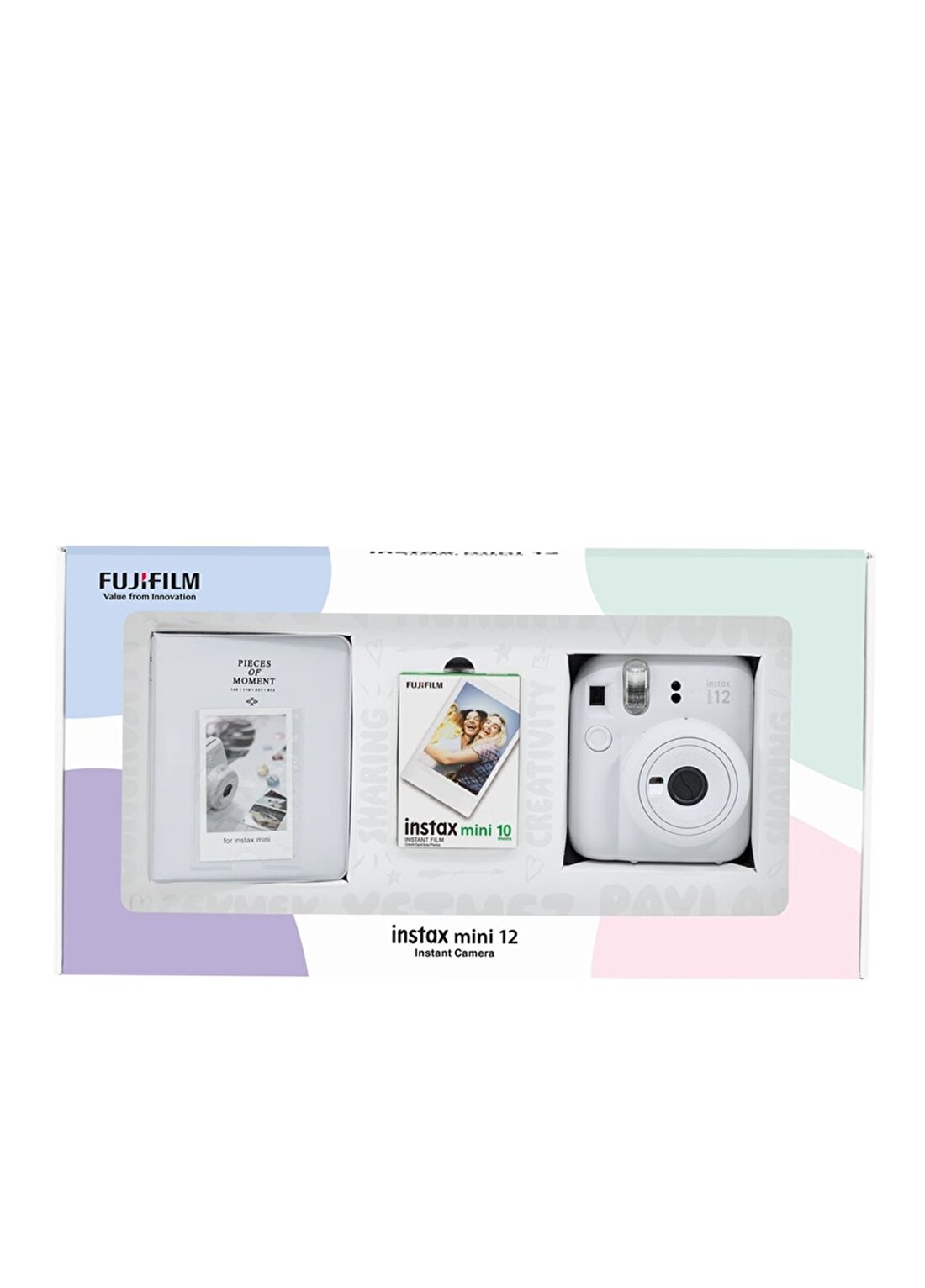 Instax Mini 12 Beyaz Fotoğraf Makinesi 10'Lu Film Ve PVC Albüm Bundle Box