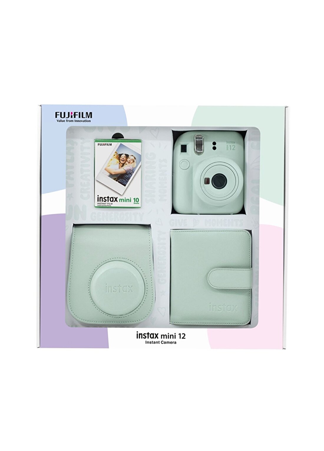 Instax Mini 12 Yeşil Fotoğraf Makinesi 10'Lu Film Kare Albüm Ve Deri Kılıf Bundle Box