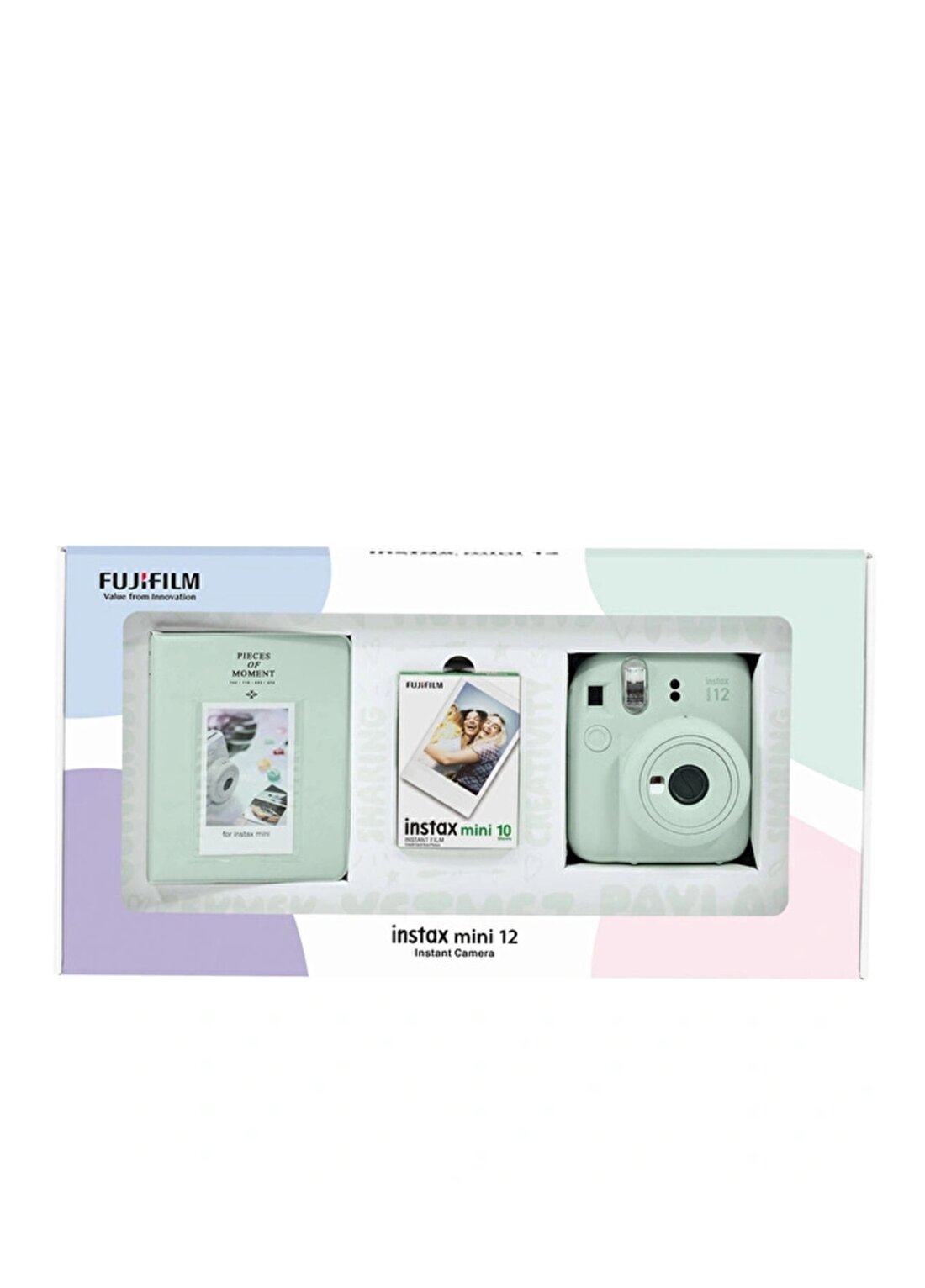 Instax Mini 12 Yeşil Fotoğraf Makinesi 10'Lu Film Ve PVC Albüm Bundle Box