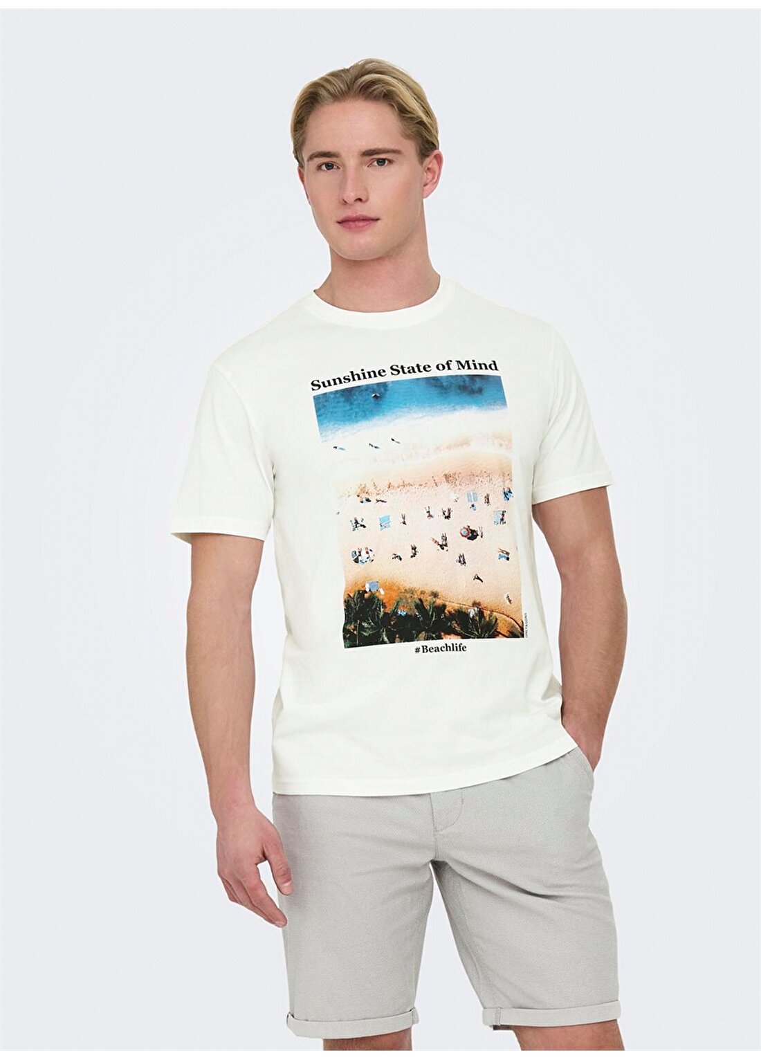 Only & Sons O Yaka Baskılı Beyaz Erkek T-Shirt ONSKOLTON REG BEACH PHOTOPRINT SS T
