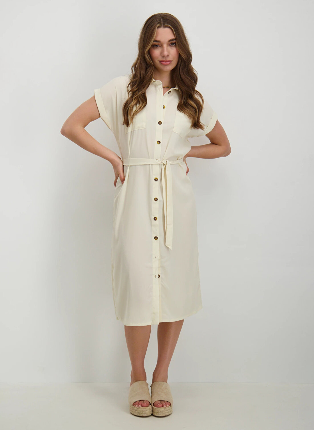 Only Gömlek Yaka Düz Beyaz Uzun Kadın Elbise ONLHANNOVER S/S SHIRT DRESS NOOS WV