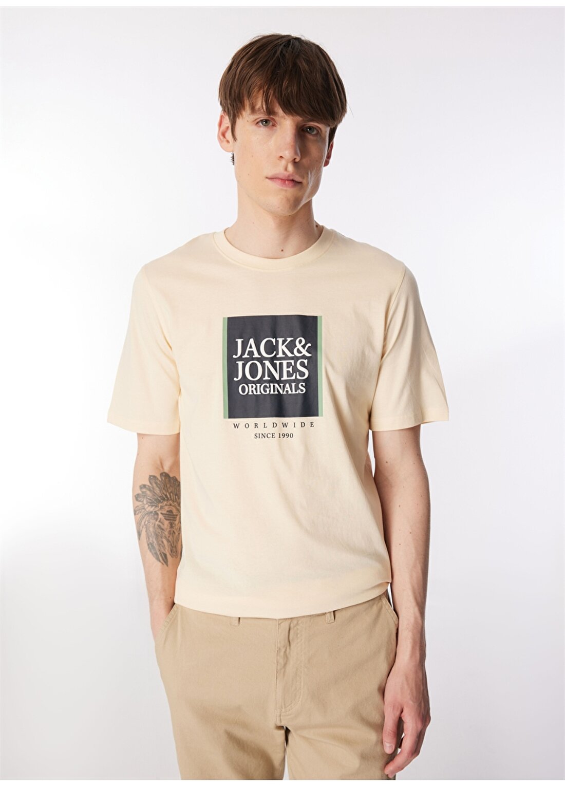 Jack & Jones Bisiklet Yaka Krem Erkek T-Shirt JORLAFAYETTE BOX TEE SS CREW NECK