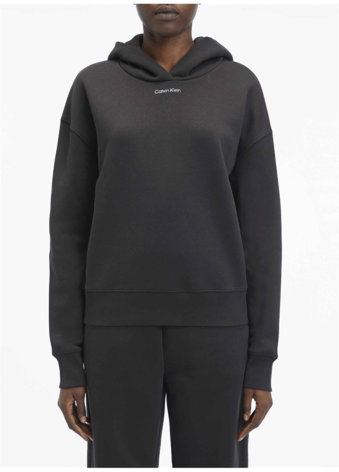 Calvin Klein Kapüşon Yaka Düz Siyah Kadın Sweatshırt METALLIC MICRO LOGO HOODIE