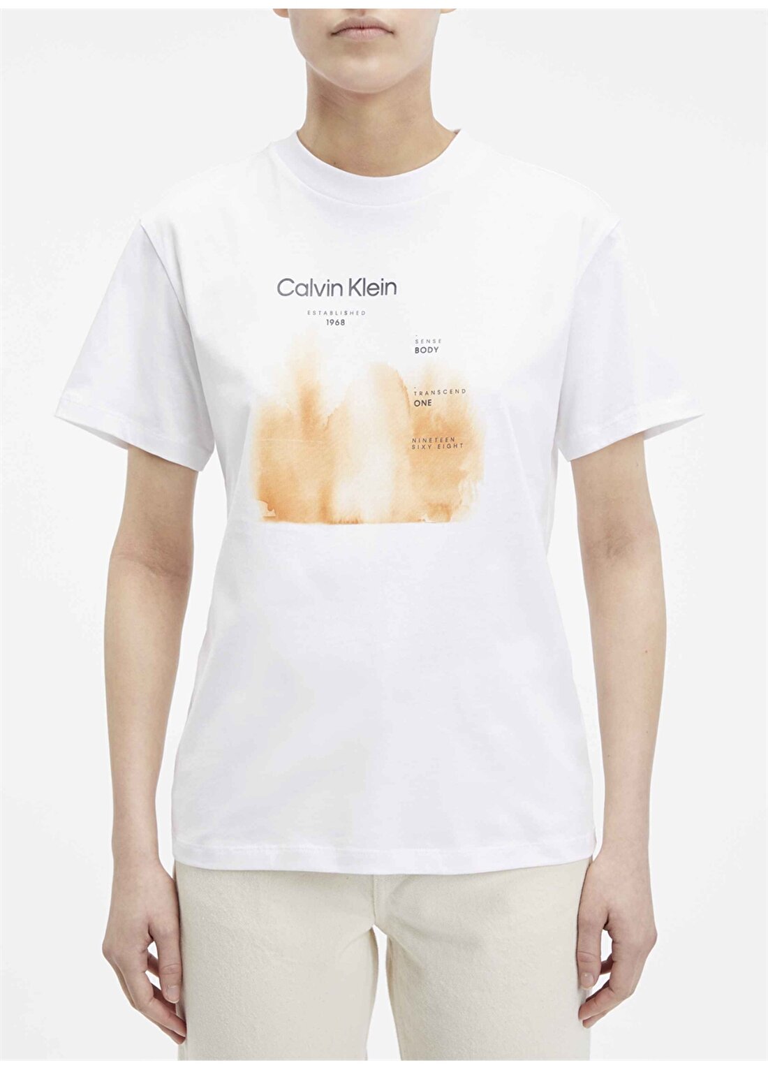 Calvin Klein Bisiklet Yaka Baskılı Beyaz Kadın T-Shirt WATERCOLOR FADE T SHIRT