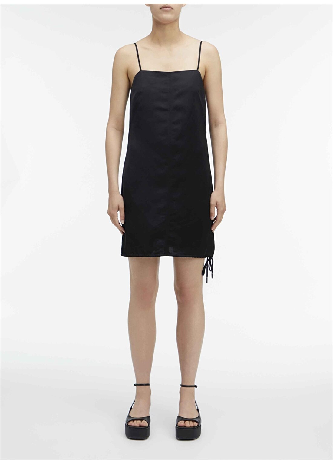 Calvin Klein Siyah Kadın Kare Yaka Kısa Keten Elbise VISCOSE LINEN MINI SLIP DRESS