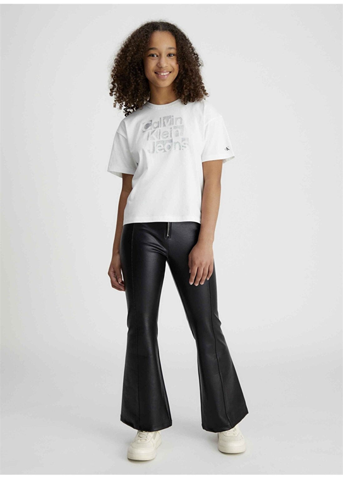Calvin Klein Baskılı Beyaz Kız Çocuk T-Shirt METALLIC CKJ BOXY T-SHIRT