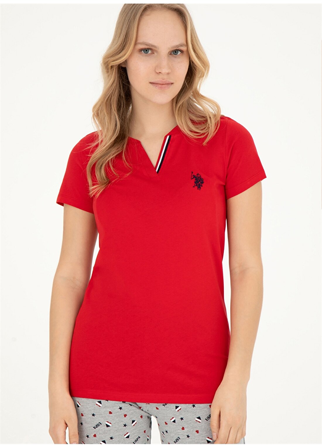 U.S. Polo Assn. V Yaka Kırmızı Kadın Pijama Takımı 17004