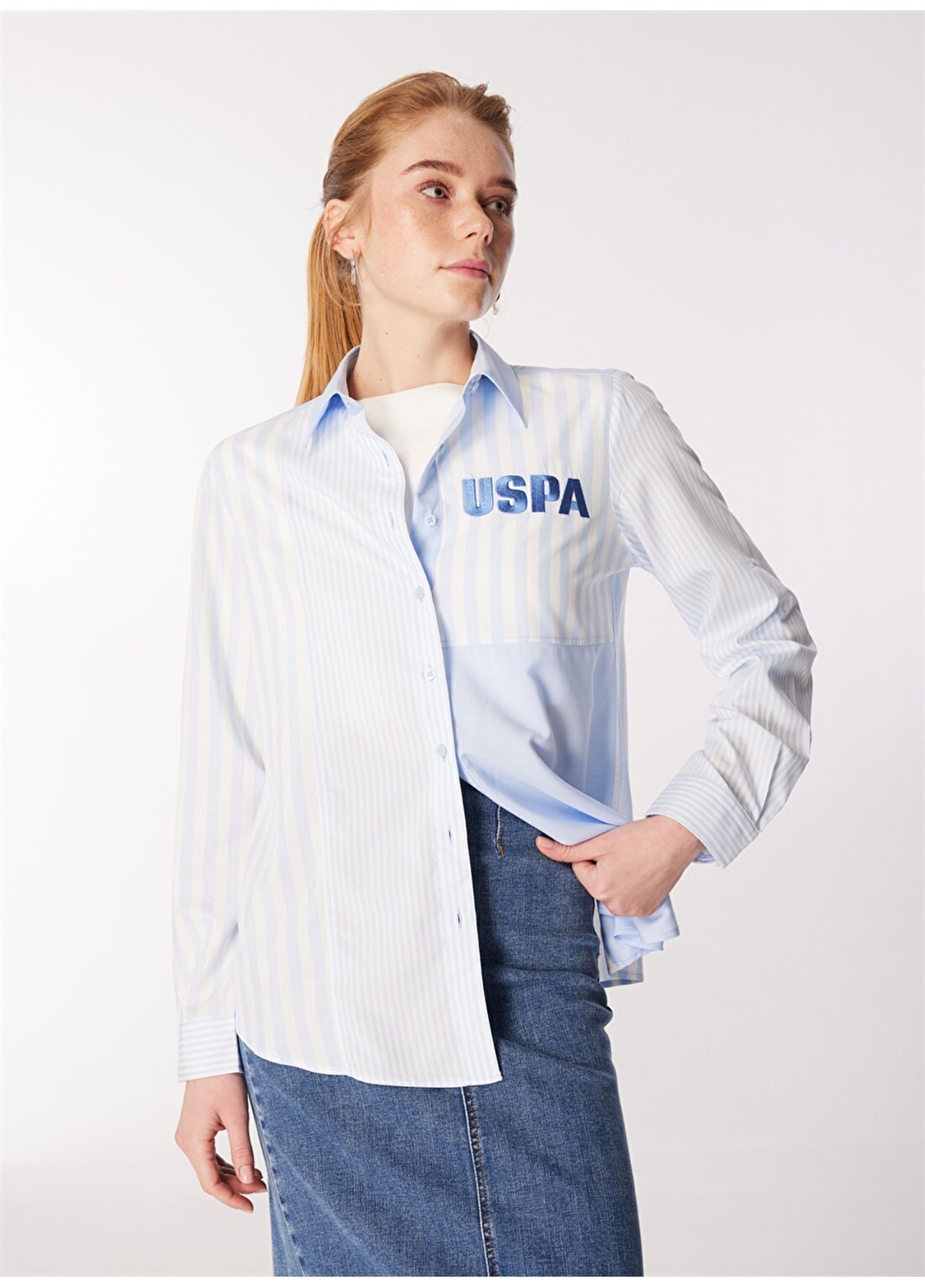U.S. Polo Assn. Standart Gömlek Yaka Açık Mavi Kadın Gömlek ZER024Y