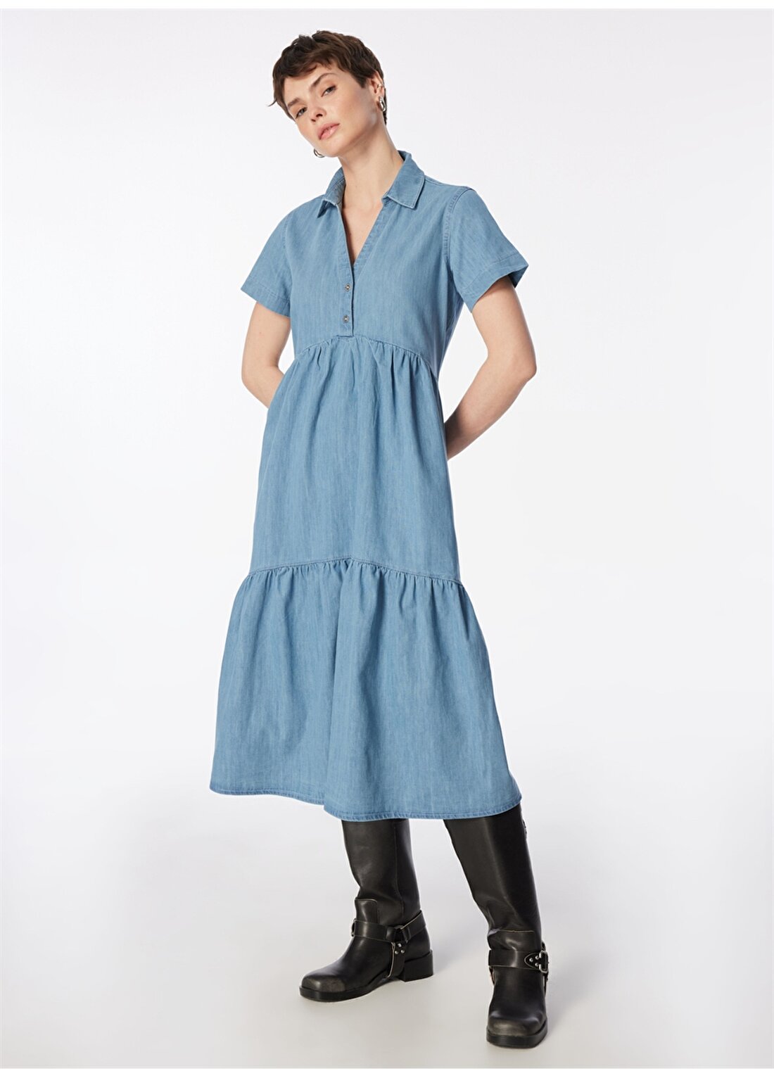 Lee Cooper Gömlek Yaka Düz Açık Lacivert Uzun Kadın Elbise 242 LCF 144001 MOLARIA CORDELIA LIG