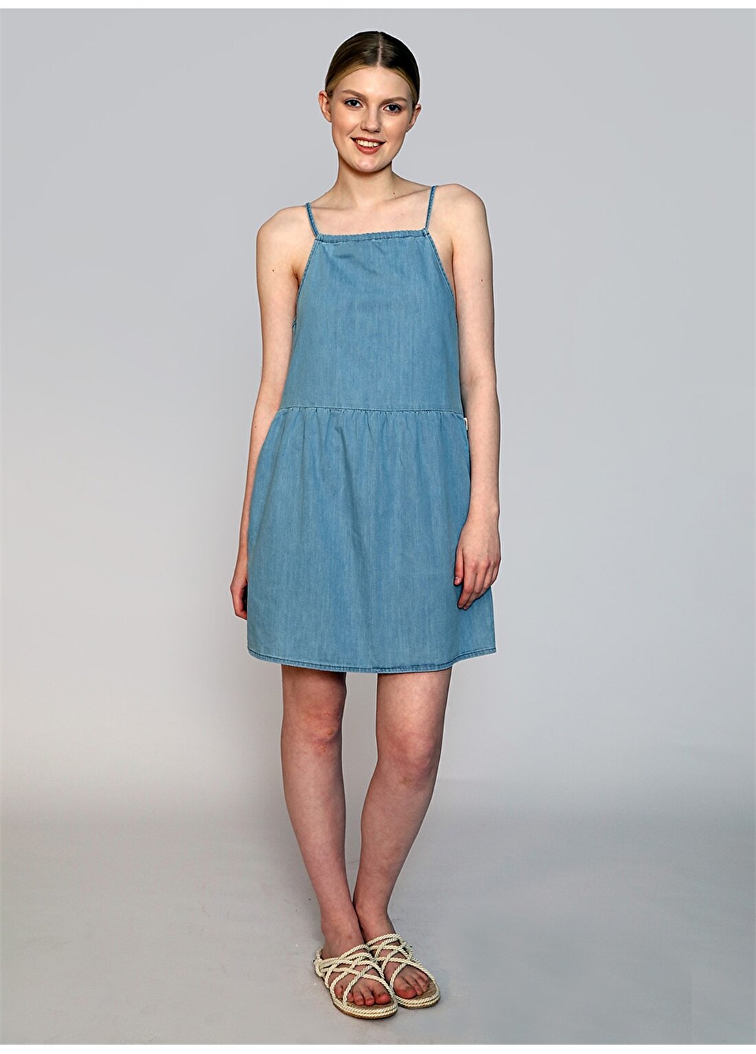 Lee Cooper Kare Yaka Düz Mavi Diz Üstü Kadın Elbise 242 LCF 144004 MARDY DENIM