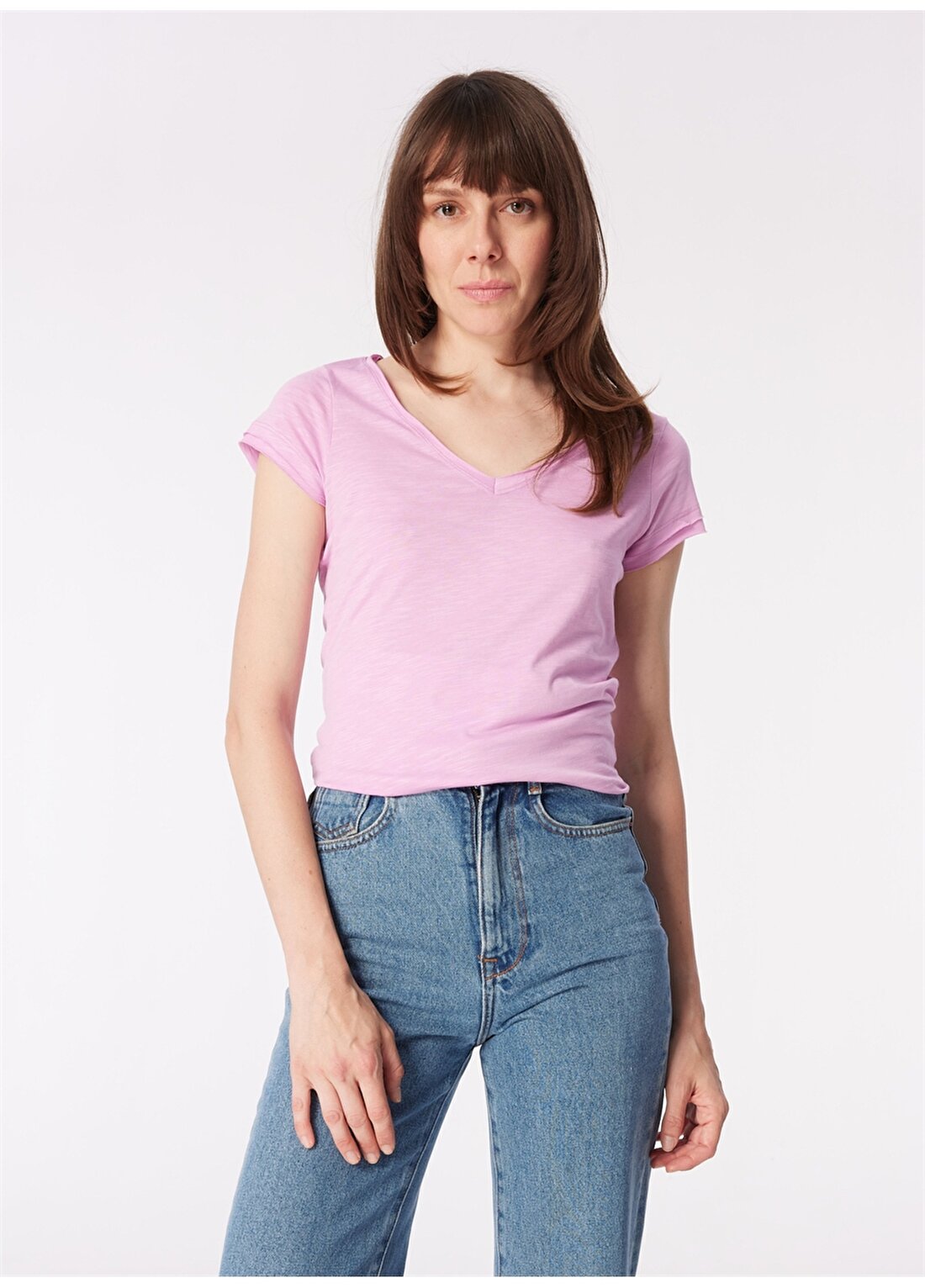 Sisley V Yaka Lila Kadın T-Shirt 3TNHL400E
