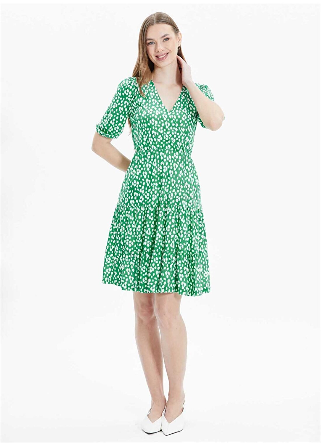 Selen Kruvaze Yaka Puantiyeli Yeşil Standart Kadın Elbise 24YSL7399