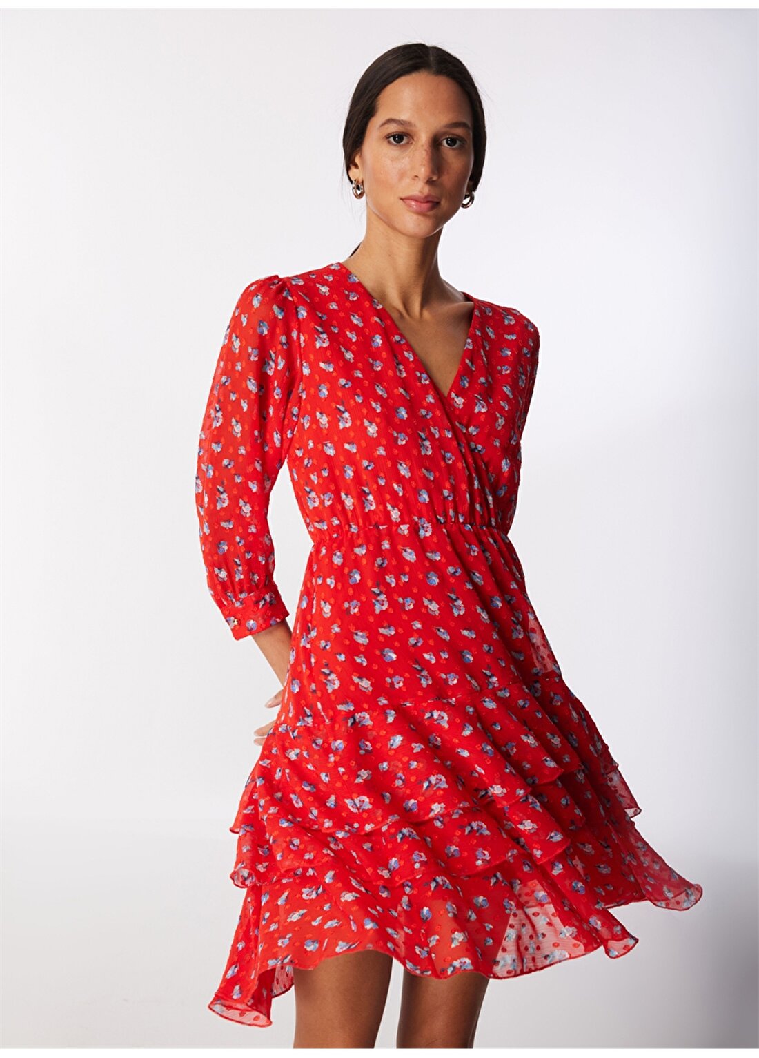 Selen Kruvaze Yaka Çiçek Desenli Kırmızı Standart Kadın Elbise 24YSL7433