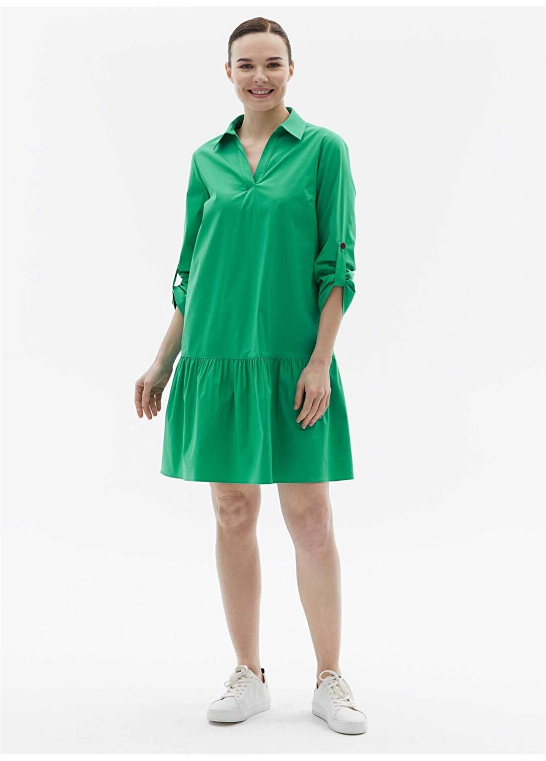 Selen Gömlek Yaka Düz Yeşil Standart Kadın Elbise 24YSL7444