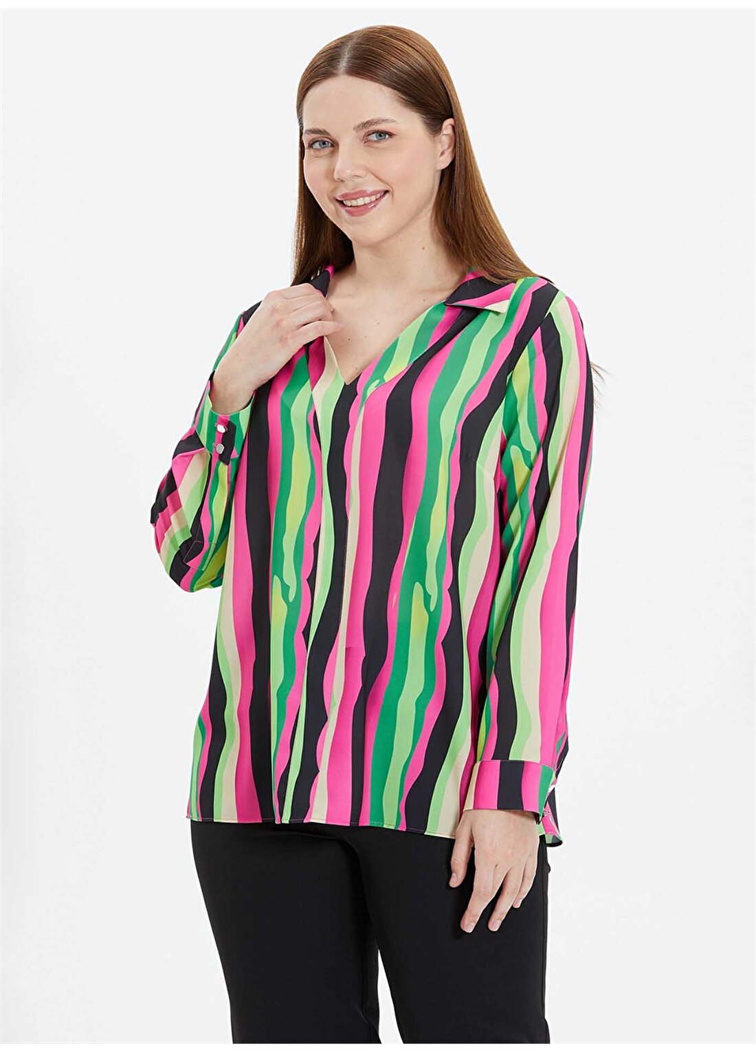 Selen Gömlek Yaka Çizgili Çok Renkli Kadın Bluz 24YSL8800-BB