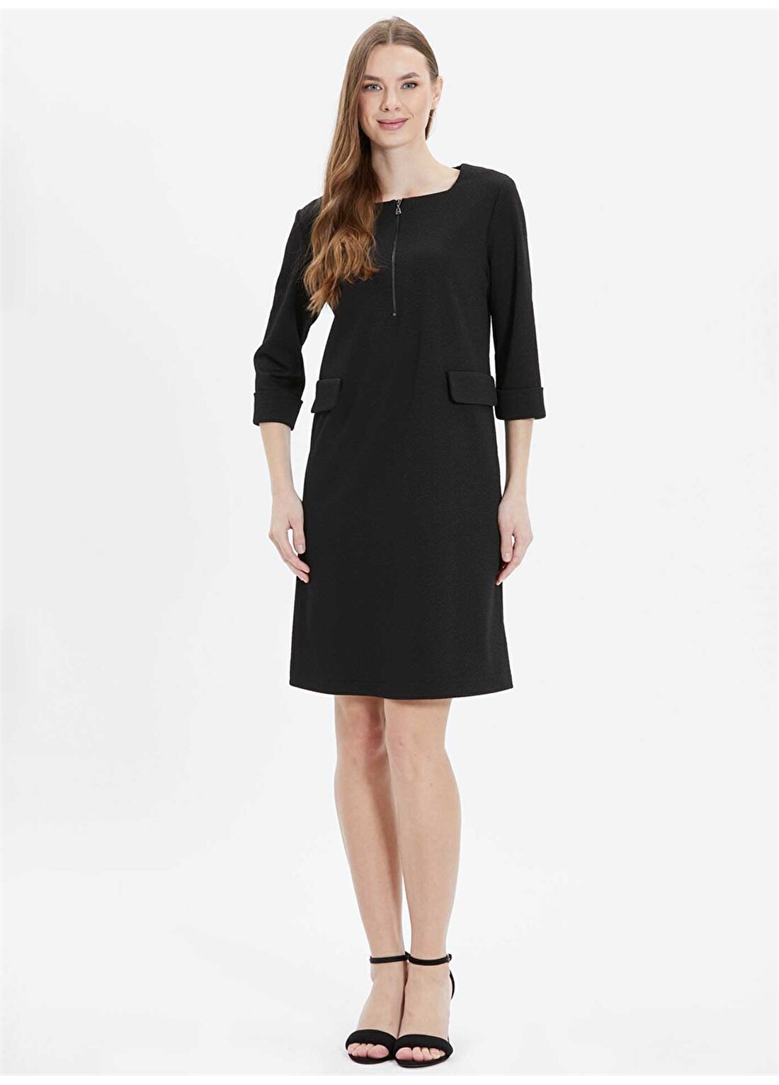 Selen U Yaka Desenli Siyah Standart Kadın Elbise 24YSL7470