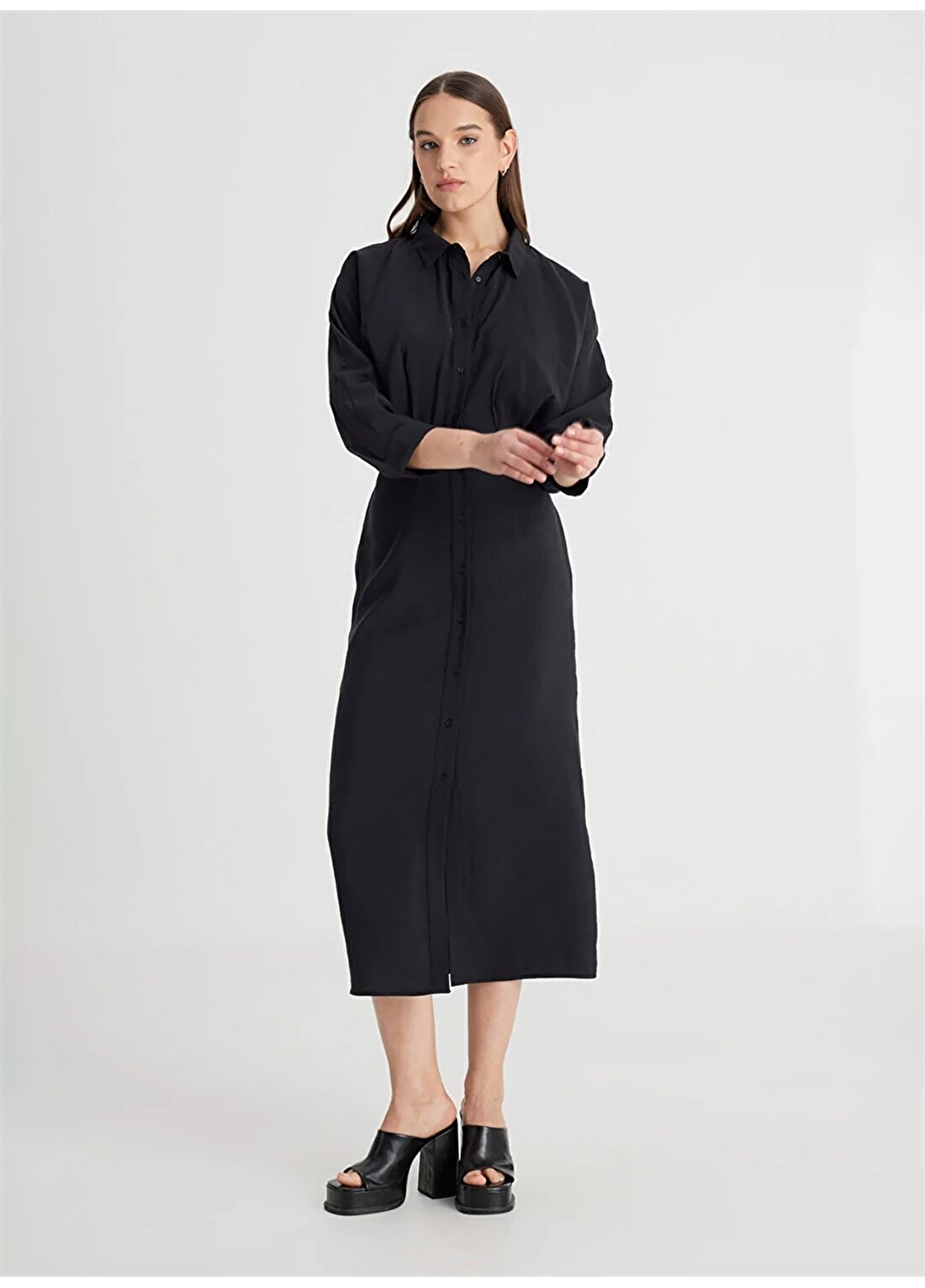 Lee Gömlek Yaka Siyah Standart Kadın Elbise L241612001-Gömlek Elbise