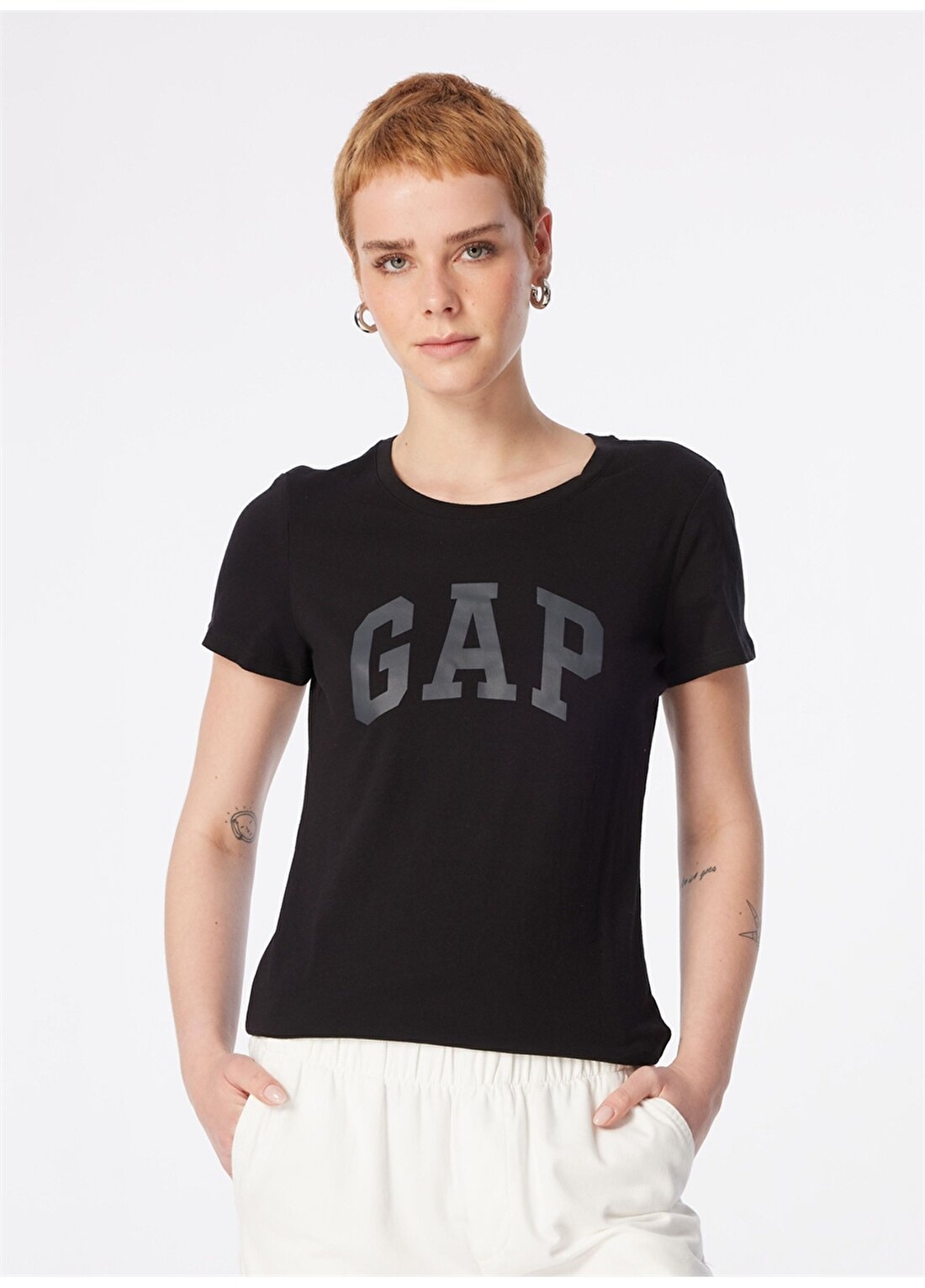 Gap Bisiklet Yaka Düz Siyah - Gri Kadın T-Shirt 548683