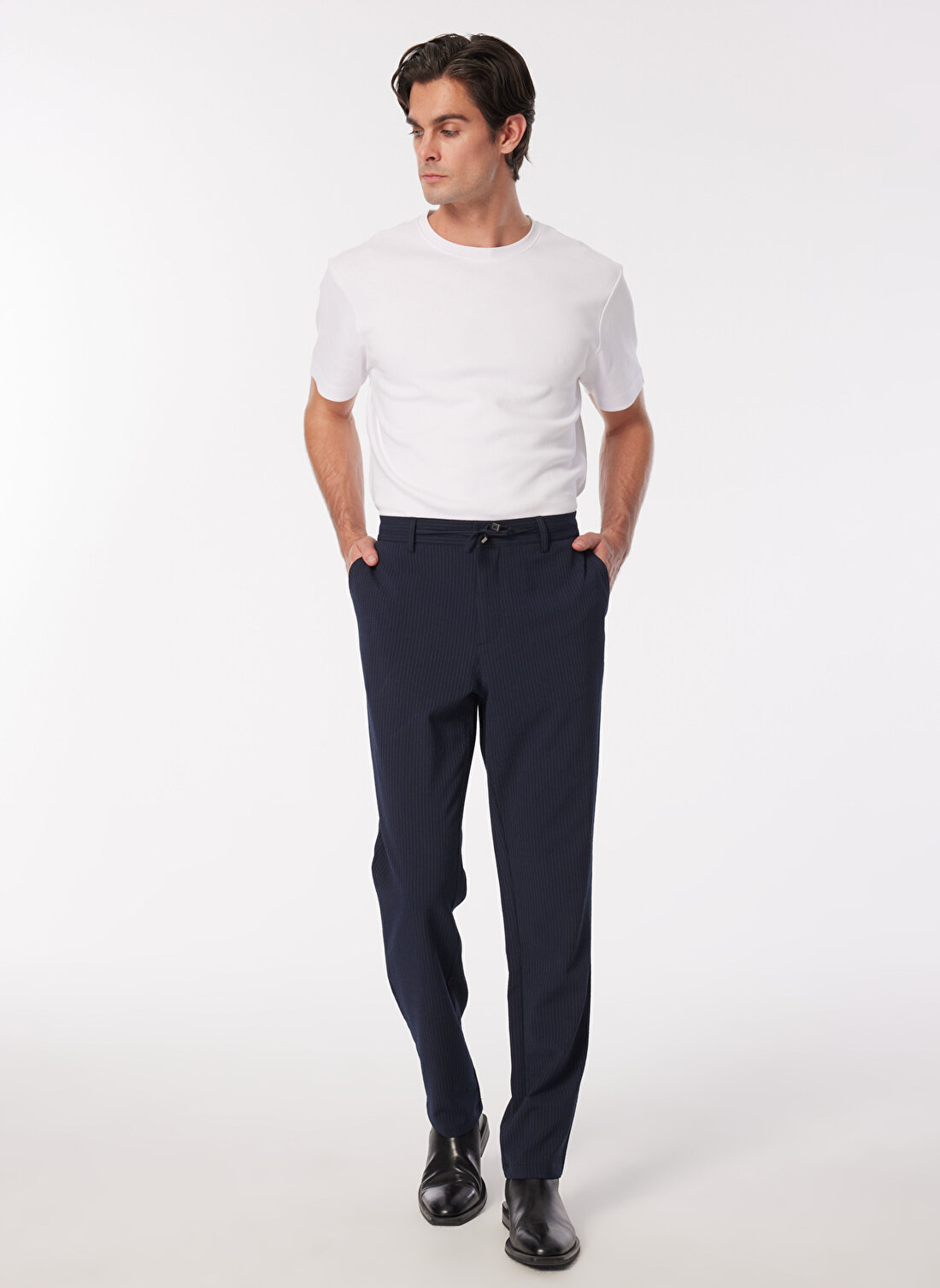 People By Fabrika Lacivert Erkek Bağlamalı Jogger Çizgili Chino Pantolon SPBF4SM-PNT5019