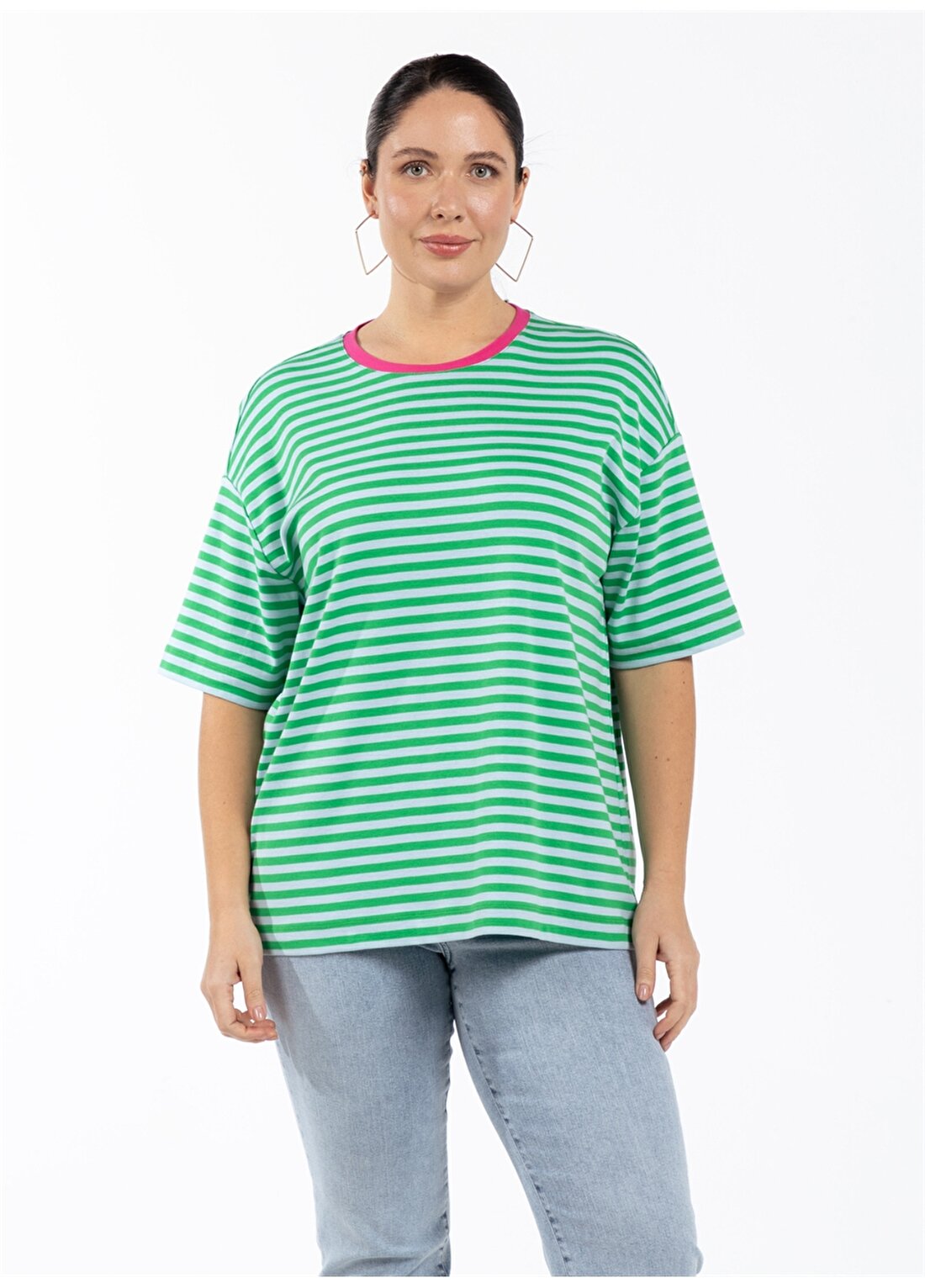 Luokk Yuvarlak Yaka Çizgili Yeşil Kadın T-Shirt MILA