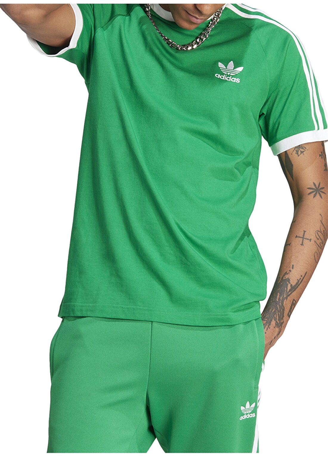 Adidas Yeşil Erkek Bisiklet Yaka Slim Fit Düz T-Shirt IM0410 3-STRIPES TEE