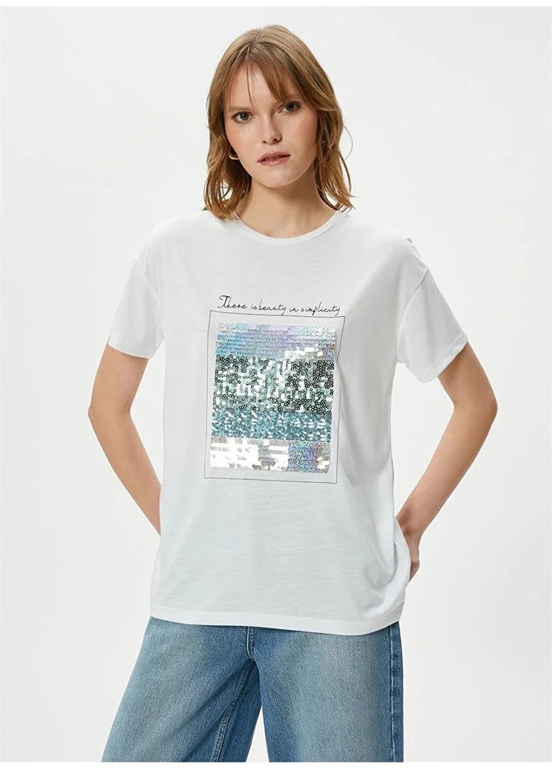 Koton Bisiklet Yaka Kırık Beyaz Kadın T-Shirt 4SAK50110EK