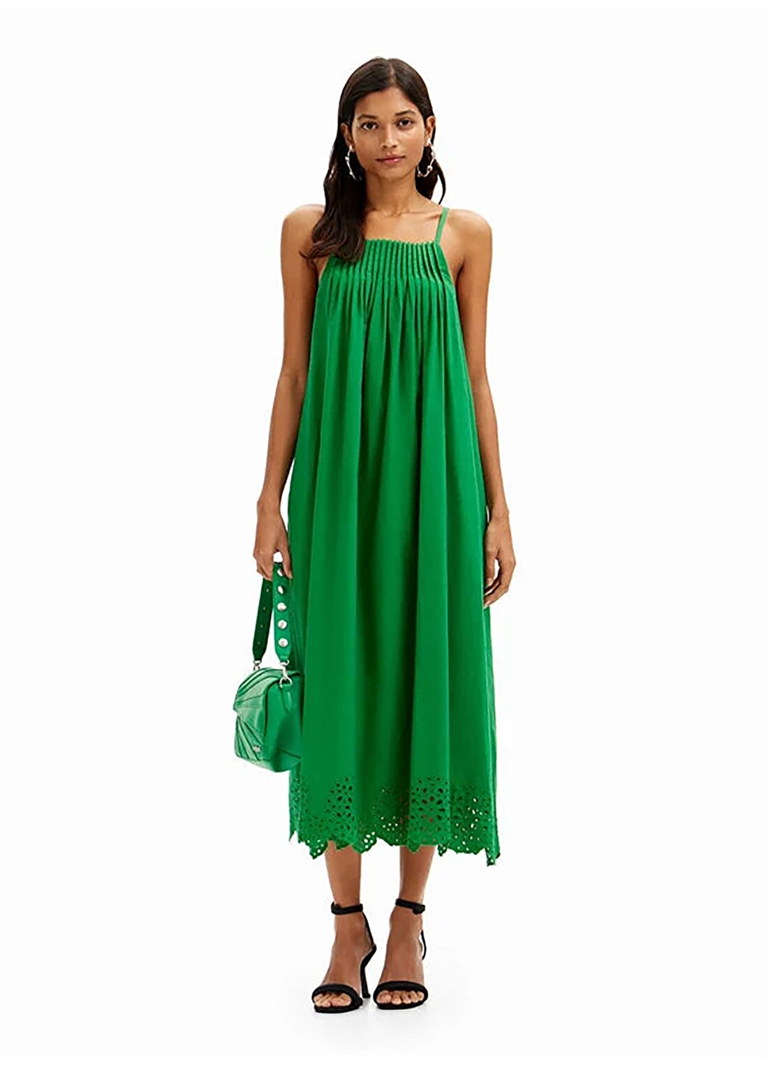 Desigual Kare Yaka Düz Yeşil Uzun Kadın Elbise 24SWVW21