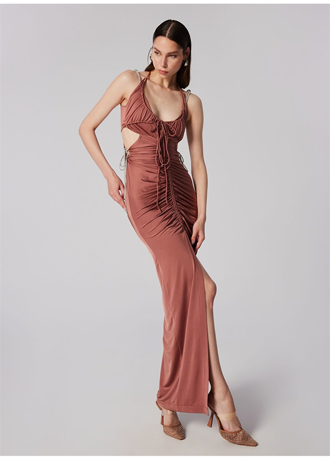 Sagaza For Boyner Açık Kahve Kadın V Yaka Uzun Normal Abiye Elbise SGZB004