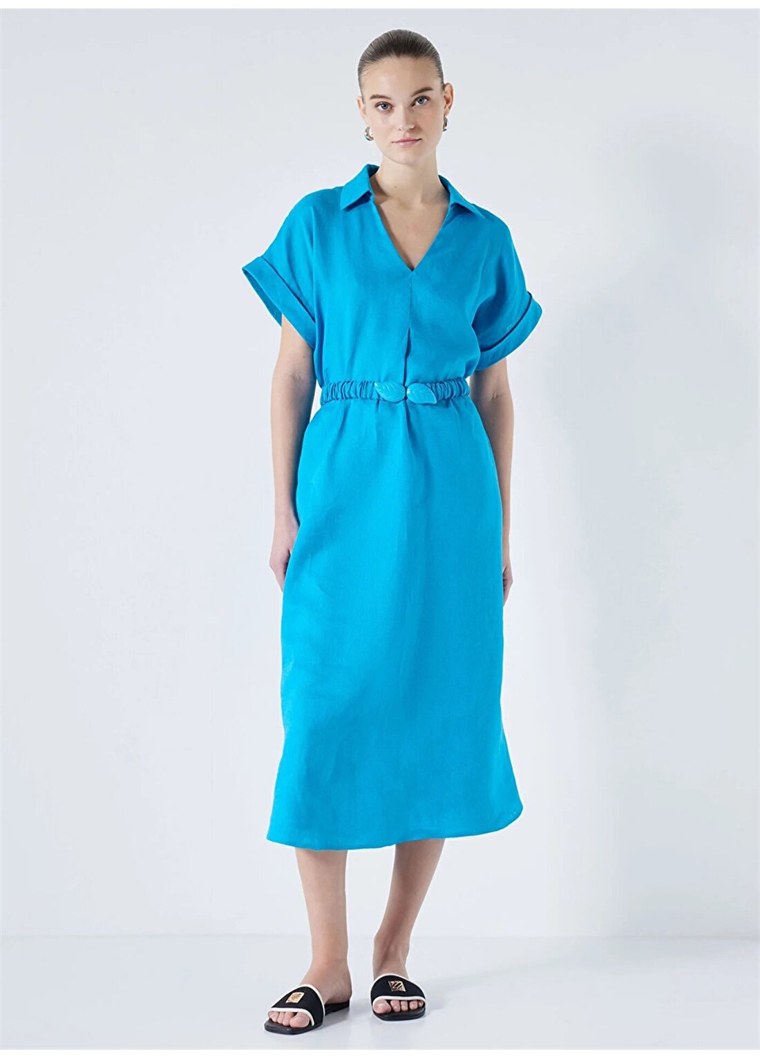 İpekyol V Yaka Düz Mavi Midi Kadın Elbise IS1240002295089